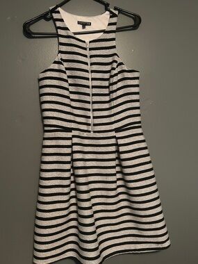 Express Black and White Striped Ponte Dress with Front Zip